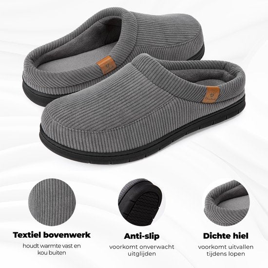 Pantoffels Heren - Sloffen - Maat 42/43 - Grijs - Corduroy - Anti-slip - Comfeet