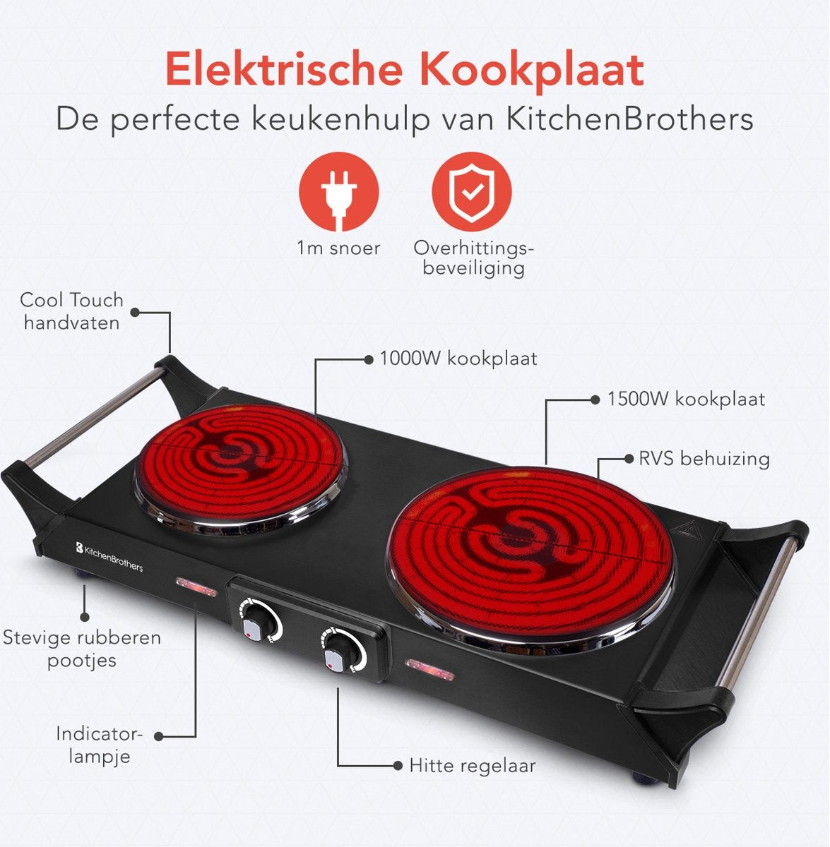 KitchenBrothers Elektrische Kookplaat - 2 Pits - 2500W - Zwart