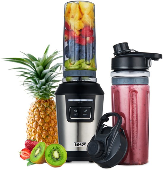 MOA Blender - Blender to Go - Mini Blender - 2 Tritan Bekers van 600ml - Smoothie Maker - 800W - Zilverkleurig - MB10S