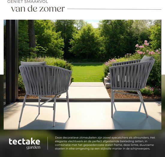 tectake® Tuinstoel, set van 2, metalen buitenstoel, terrasstoel met armleuningen, lounge chair, tuin fauteuil, tuin meubels, balkon meubels, tuinset lounge, waterafstotende kussens, verstelbare poten