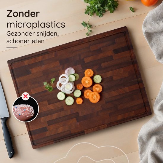 Deleca Walnoot Kopshouten Snijplank - Dubbelzijdig met Sapgeul / Handgrepen - Groot en Dikke Hakblok - Voor Keuken, Duurzame Snijplanken, Serveerplank, Kaasplank, Borrelplank, Tapasplank - Walnoten Hout - Zonder Plastic - 51x38x3.8 cm
