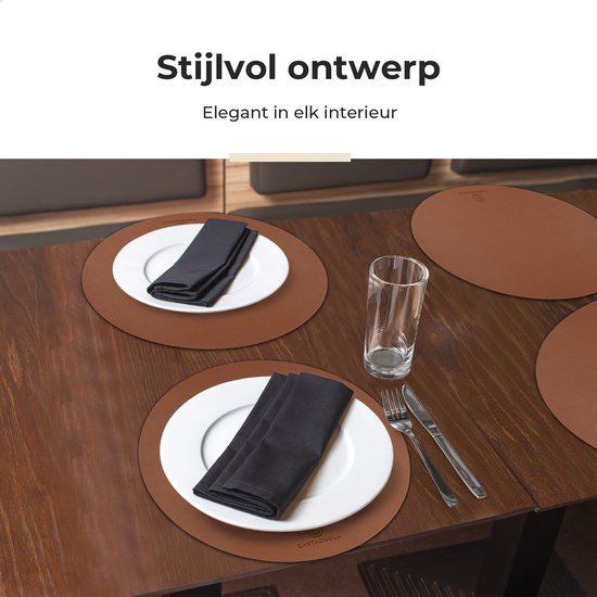 Castagnola Lederlook Placemats - Ronde Placemats - Antislip Placemat van Kunstleer - Waterafstotende Onderlegger - Onderzetter - 6 Stuks - Diameter 38 cm - Bruin
