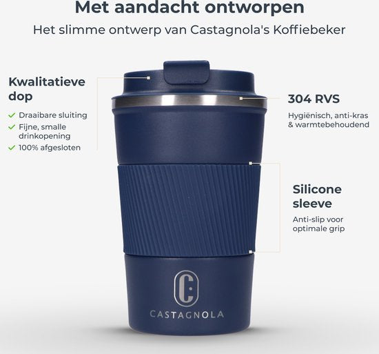 Castagnola Thermosbeker - Koffiebeker To Go - Travel Mug voor Koffie en Thee - Theebeker - 380 ML - RVS - Blauw