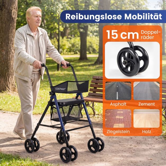 Coast Rollator Blauw/Zwart – Opvouwbare Rollator met Zitje, Tas en Verstelbare Hoogte – 59 x 64 x 75,5-93 cm
