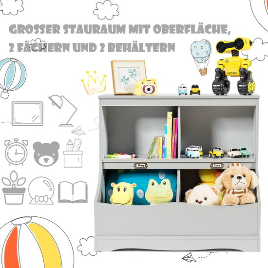 COSTWAY Kinderrek, speelgoedrek met 4 vakken, boekenrek voor kinderen, opbergrek, speelgoedorganizer voor kinderkamer en speelkamer, 67 x 40 x 62 cm, grijs
