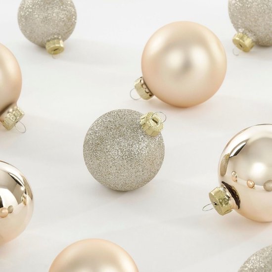 Mica Decorations Kerstballen - 26 Stuks - Kerstversiering voor de Kerstboom - Glimmende en Glitter Ornamenten - Piek en Ballen in Diverse Formaten - Ø7 cm - Crème