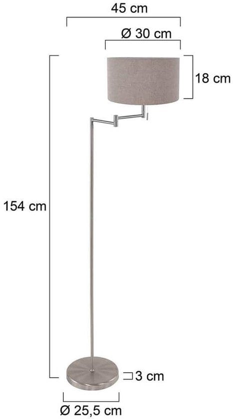 Vloerlamp Bella 3879ST in staalkleur met grijze velours kap, uitklapbaar, van metaal en textiel, hoogte 154 cm, diameter kap 30 cm - Mexlite