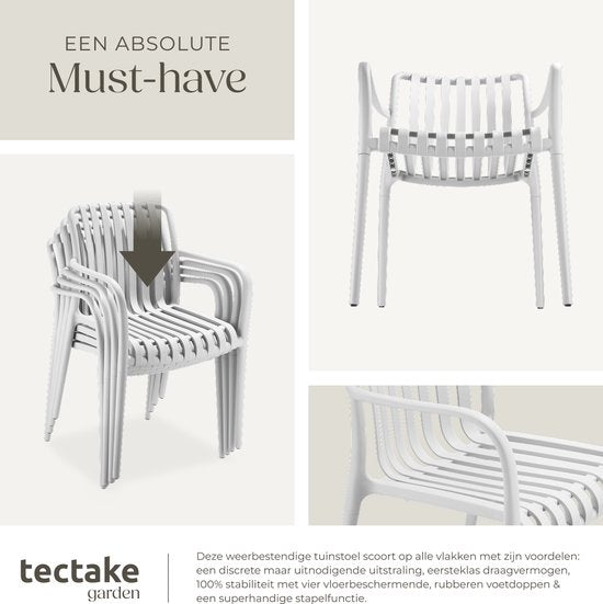 tectake® Set van 4 Tuinstoelen Alcudia - Creme - Kunststof Stoelen met Armleuning - Tuinset voor om de Tuintafel of op de Camping - Stapelbaar - Stoelen voor Tuin, Terras of Balkon - Weerbestendig en UV-bestendig - Draagkracht 120kg per Tuinstoel