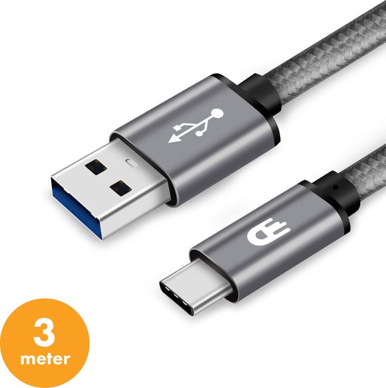 Drivv. USB naar USB C Kabel - Snellader - USB C Data en Oplaadkabel - 3 meter - Geschikt voor Samsung, iPhone 15 & Meer - Space Grey