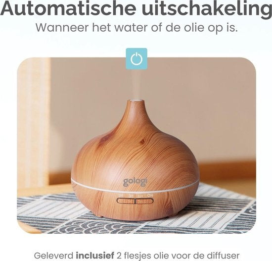 Gologi Slimme Aroma Diffuser - 550ML - Luchtbevochtiger - Geurverspreider - LED verlichting - Incl. 2 Etherische Oliën - Lichtbruin