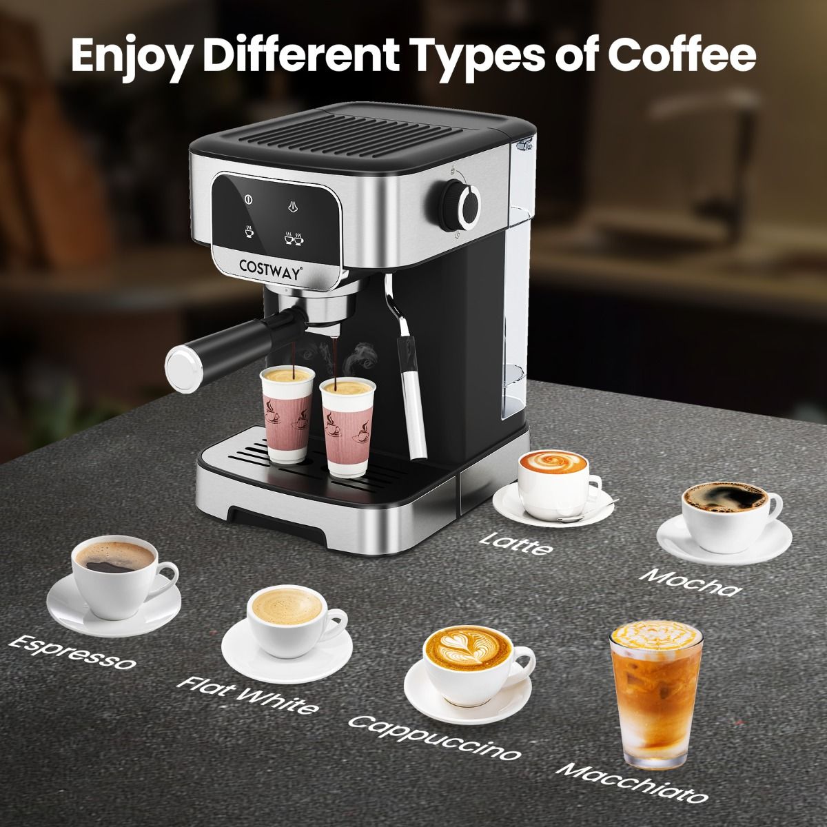 Coast Espressomachine 20 Bar 1200W - Stoom-melkopschuimer - 1,8L Waterreservoir - Touchscreen - Zwart/Zilver - 26x21x28cm