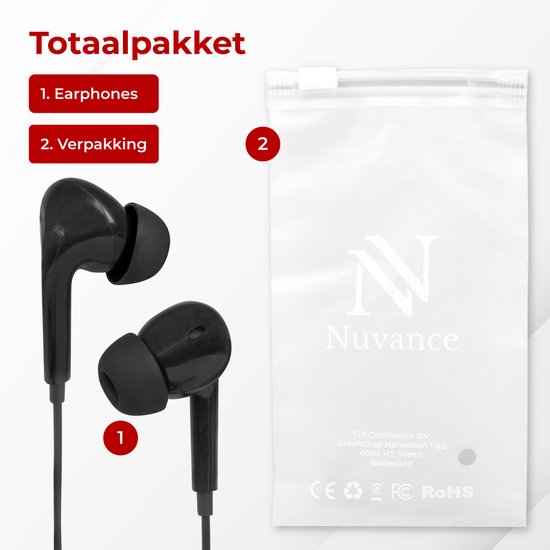 Nuvance - Oortjes met Draad - 3.5mm Jack Aansluiting - Oordopjes met Draad - In-Ear Oortjes met Draad en Microfoon - Zwart