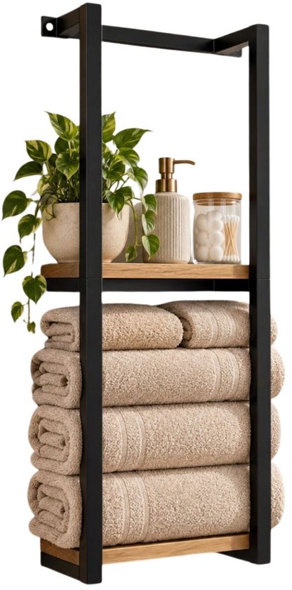 Ceruzo Handdoekrek Wandmontage – 2 Houten Planken – 28,5 x 14 x 77 cm – Zwart