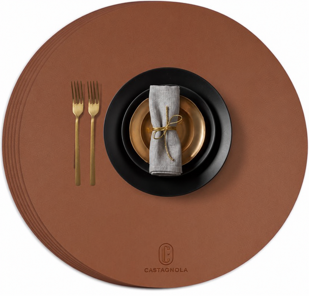 Castagnola Lederlook Placemats - Ronde Placemats - Antislip Placemat van Kunstleer - Waterafstotende Onderlegger - Onderzetter - 6 Stuks - Diameter 38 cm - Bruin