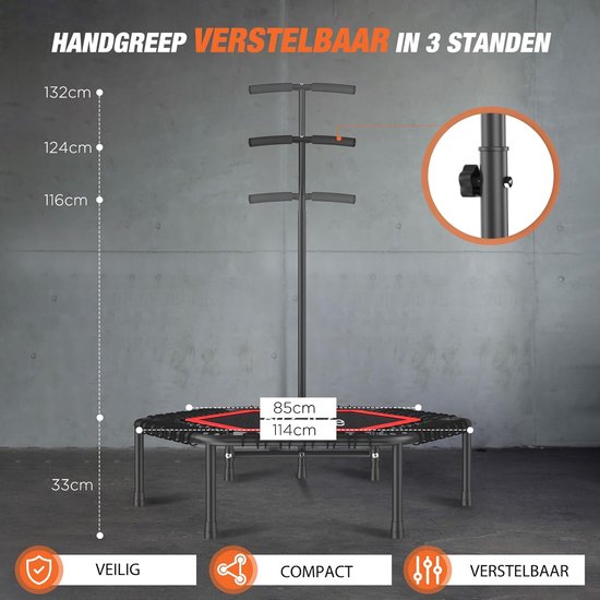 DH FitLife Fitness Indoor Trampoline | Ø114cm 45 inch Mini Trampoline voor Cross Jumping | Draagvermogen 150 KG | Met 3 verstelbare handgreepstanden | Stabie