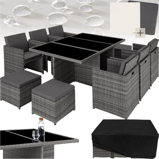 tectake® Loungemeubelset - Wicker tuinset - 6 stoelen, 4 krukken en 1 tafel - Tuinmeubelen voor balkon, tuin en terras - Inclusief beschermhoes en kussens - Met 2 kleuren hoezensets - Gemakkelijk te onderhouden - Glazen tafelblad - Grijs