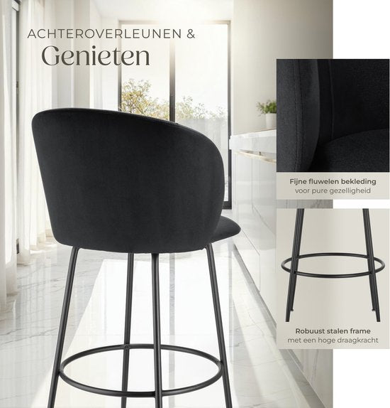 tectake® - Set van 2 Barkrukken Luana - Gestoffeerde Barkruk met rugleuning - Barstoelen - Barstoel met voetensteun - Eetkamerstoel met fluwelen bekleding - Stevige stalen poten met antislip vloerbescherming - Zwart/zwart