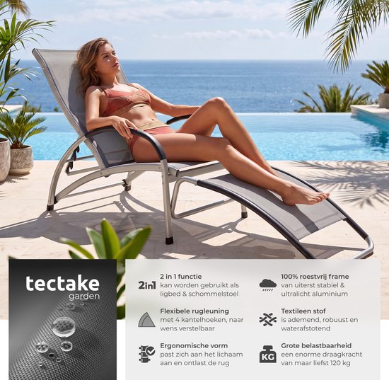 tectake® Ligbed Avignon - 2-in-1 verstelbare ligstoel - Schommelstoel voor buiten - Weerbestendig frame en waterafstotend, luchtdoorlatend weefsel - Tuinstoel - Balkonstoel - 195cm lang - Antraciet