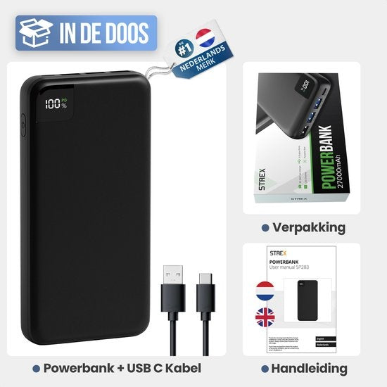 Strex Powerbank – 4 Poorten, 27.000 mAh, 22.5W Snelladen – 16 x 7.4 x 2.5 cm – Zwart