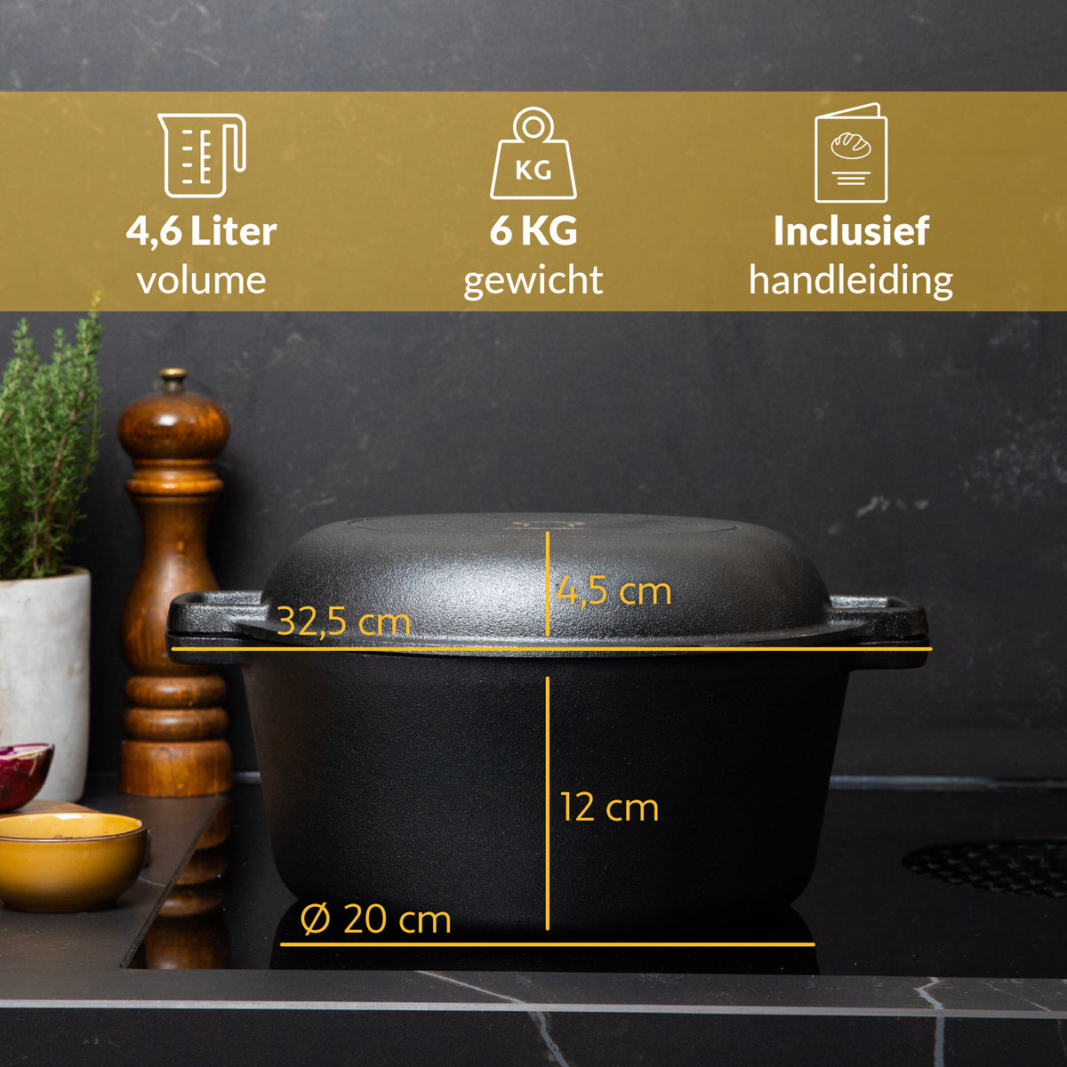 Chefarone Gietijzeren Pan - Voor Braden, Smoren, Koken en Bakken - Fornuis en Oven - Inclusief Deksel - Tot 300°C