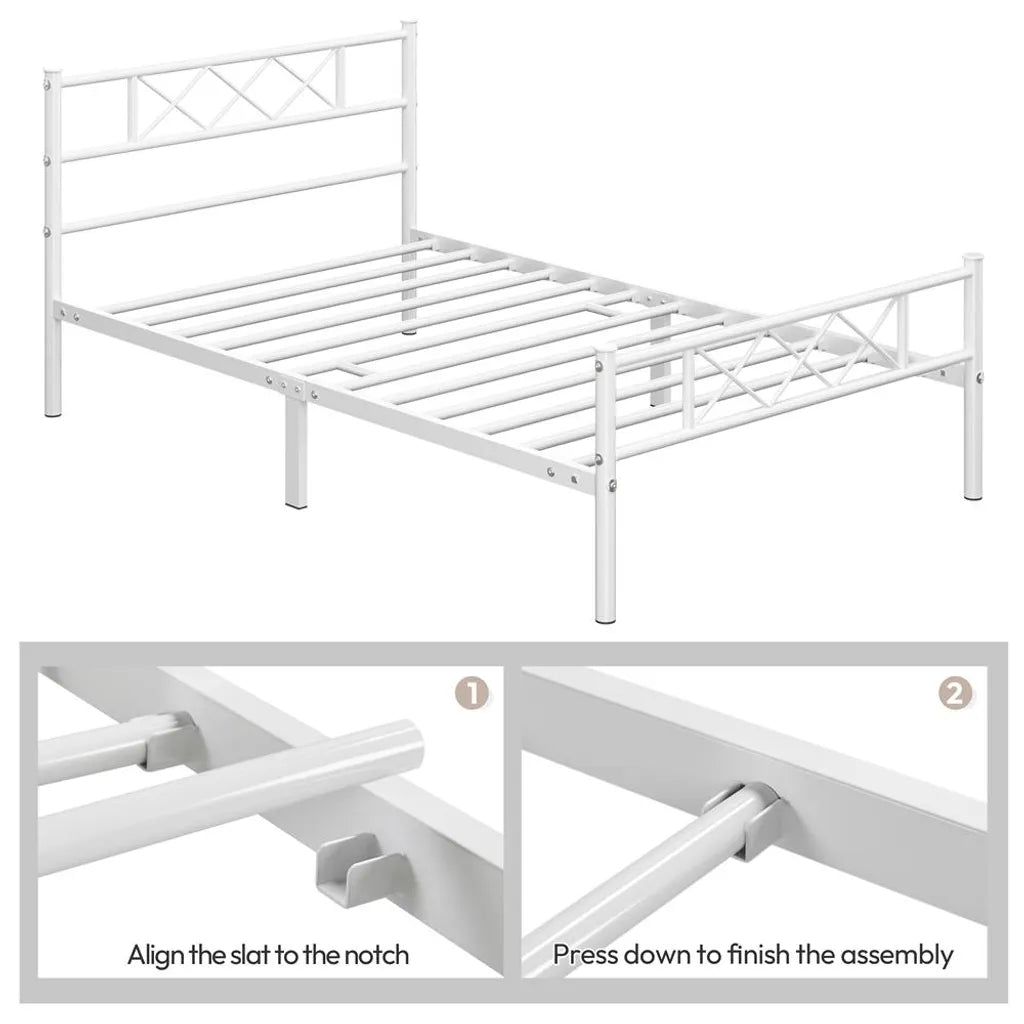 Yaheetech Bedframe 90 × 200 cm – Wit Metaal – Eenpersoonsbed met X-Design Hoofdbord, Lattenbodem en 32 cm Opbergruimte