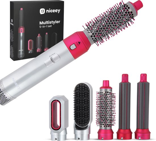 Niceey Fohnborstel - Krultang 5-in-1 Set - Airstyler - Multistyler - Stijlborstel - Krultang met Opzetstukken - Haardroger met Borstel - Met Handschoen - Krulborstel - Haarborstel - 2025 Model - Grijs/Paars