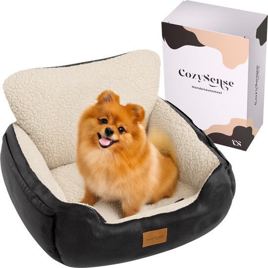 CozySense® Honden Autostoel - Hondenmand Auto voor Kleine Hond - Voorbank & Achterbank - Met Veiligheidsriem, Opbergvak & Wasbare Hoes - Zwart/Beige
