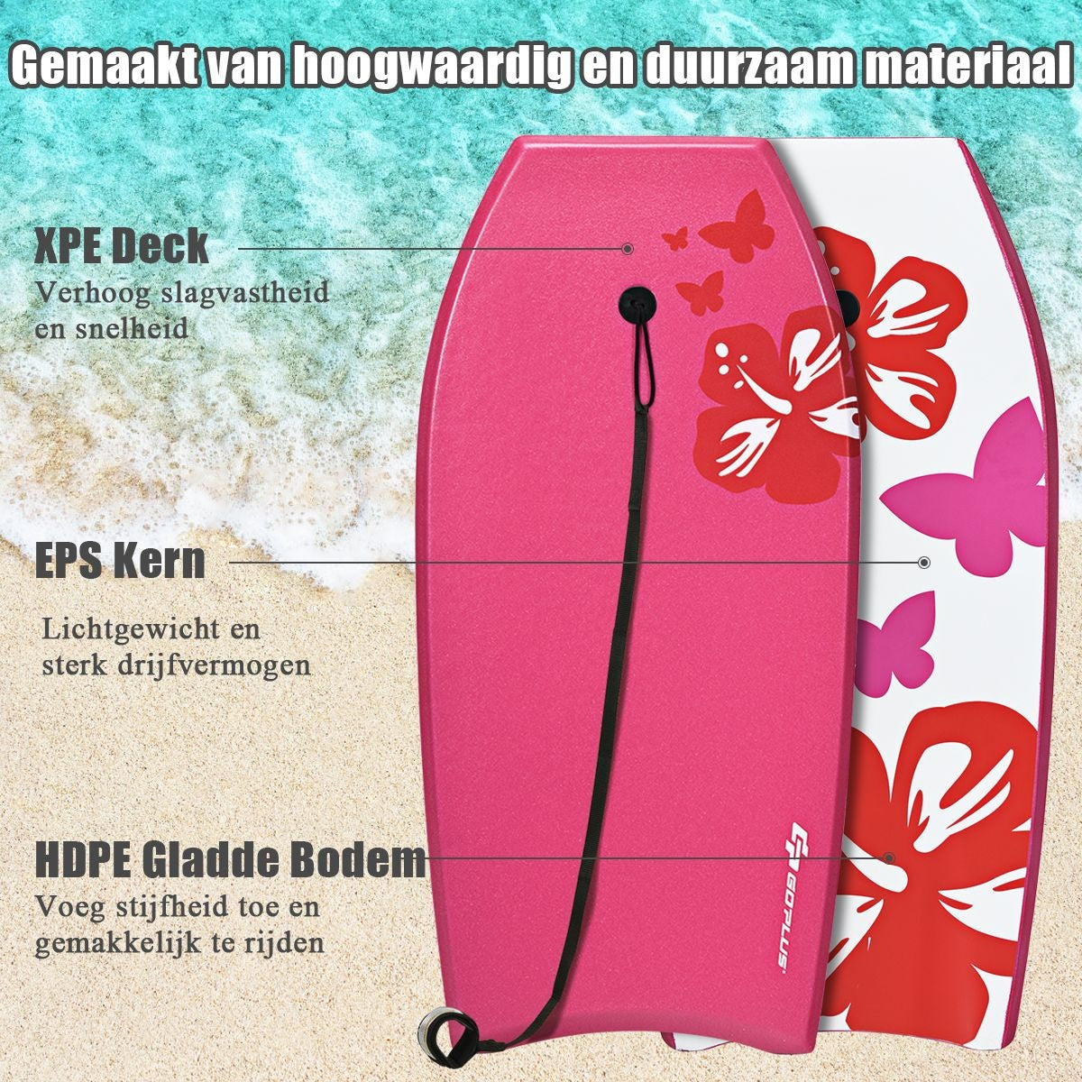 Coast Bodyboard - Lichtgewicht - 106 x 51 x 6 cm - Roze