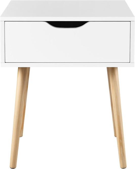 Yaheetech Nachtkastje Bijzettafel Scandinavisch Massief Grenenhout met Lade - 48,5 x 41 x 57,5 cm - Wit