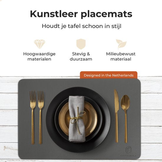 Castagnola Lederlook Placemats - Antislip Placemat van Kunstleer - Waterafstotende Onderlegger - Onderzetter - 6 Stuks - 45 x 30 cm - Grijs