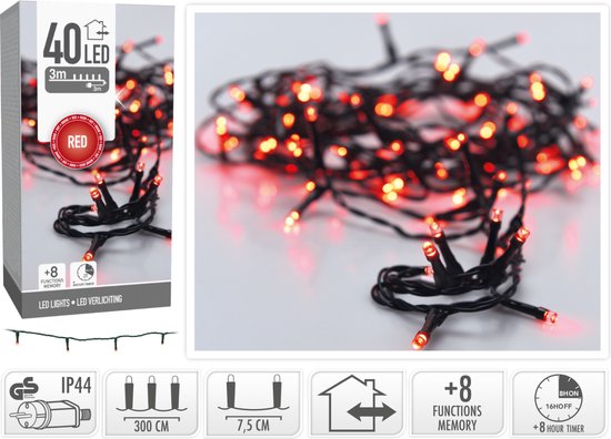 Kerstverlichting 40 led- 3m - rood - Timer - Lichtfuncties - Geheugen - Buiten-Binnen