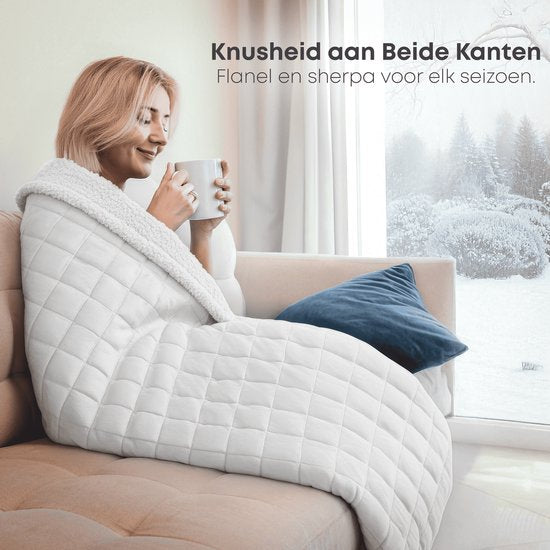 CozySense® Verzwaringsdeken 9 kg - Weighted Blanket - Zwaartedeken - GLASS-Flow® Drukverdeling - 135x200 - Flanelfluweel & Sherpa - Hypoallergeen - Wit