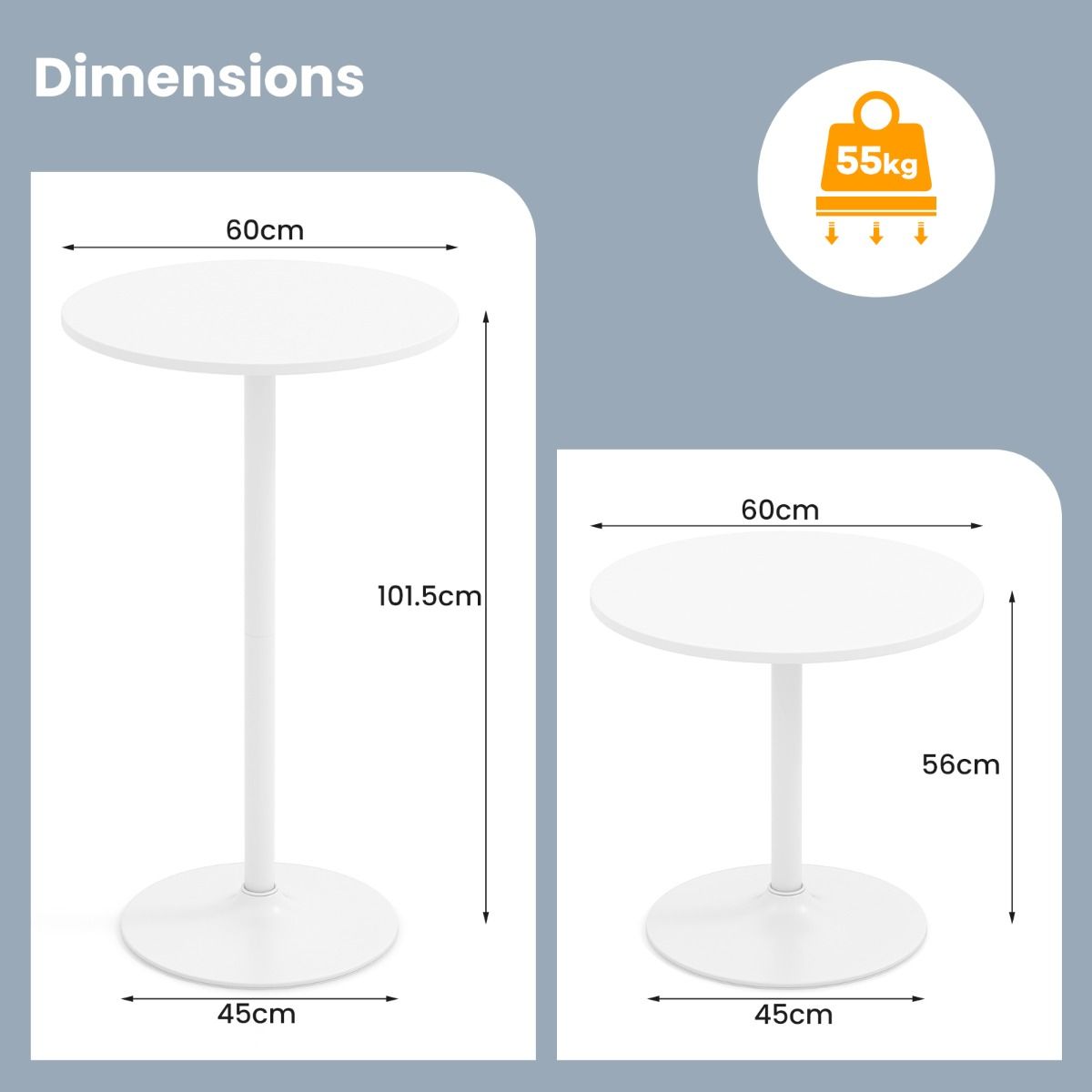 Coast Ronde Bartafel en Eettafel - In hoogte verstelbaar - 2-in-1 - Wit - 2 stuks