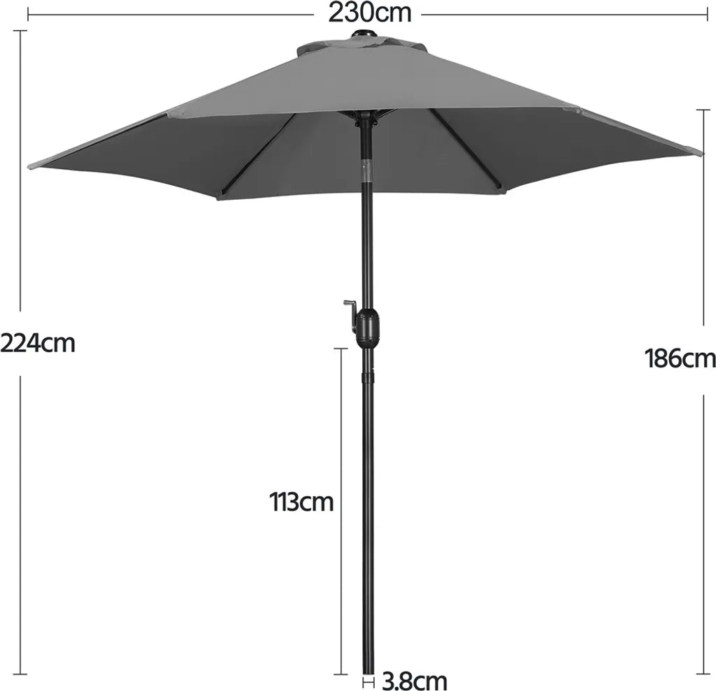 Yaheetech Parasol Ø 230 cm - Grijs - Kantelbare Tuinparasol met Slinger en Windventilatie