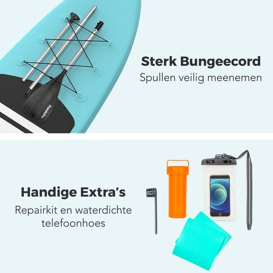 LifeGoods SUP Board - Opblaasbaar Paddle Board - Complete Set - Max. 135KG - 320x81cm - Mintgroen/Zwart
