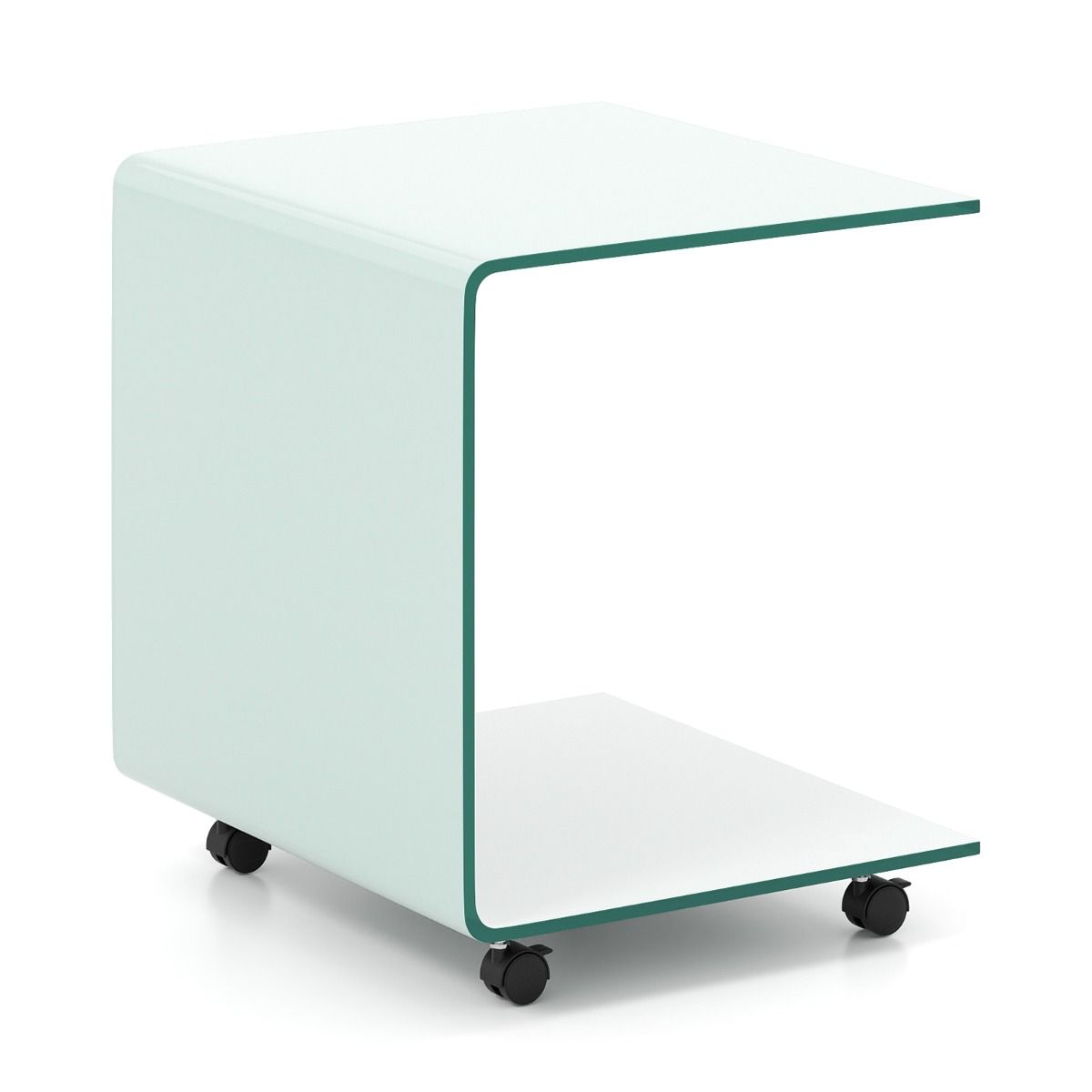 Coast C-vormige Bijzettafel - Wit - 39,5 x 45 x 48 cm - Gehard Glas - Met Vergrendelbare Wielen