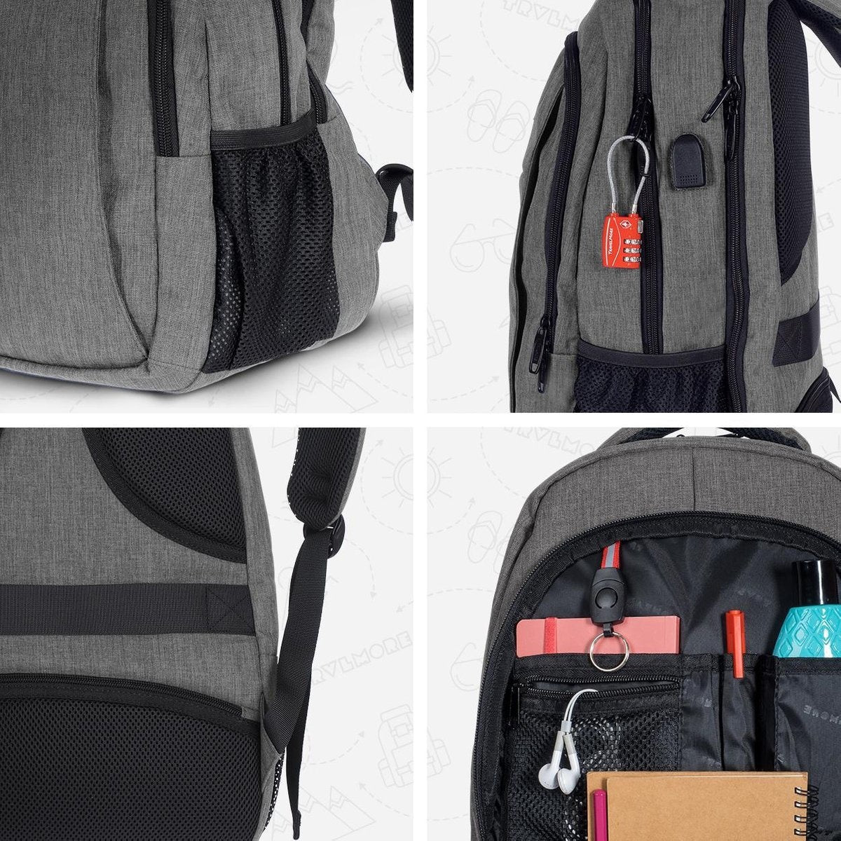 TRVLMORE Rugzak - 28L - 15,6 inch - Laptop Rugtas - Schooltas - Unisex - Spatwaterdicht Grijs