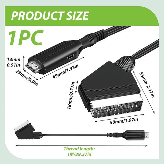 SCART naar HDMI Adapter - 1080p/720p alles-in-één Scart naar HDMI audio-videoadapter - Wordt geleverd met HDMI-kabel, Scart-ingangskabel en HDMI-uitgangspoort - Werkt met HDTV's, settopboxen, VHS-systemen, Xbox, PS3, Sky, DVD en Blu-ray