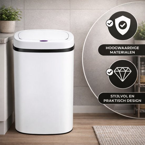 Bayt Prullenbak - Prullenbak 60 Liter - Prullenbak met Sensor - Vuilnisbak - Afvalbak - Metaal - Wit