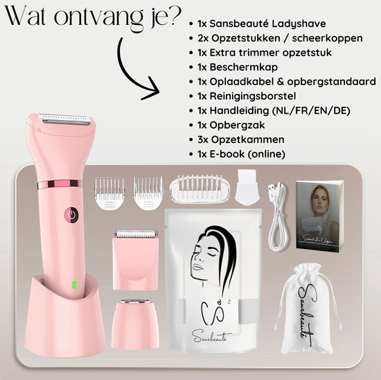 3-in-1 Ladyshave Gezicht - Oksels - Benen - Bikinilijn - Sansbeauté® - Scheerapparaat Vrouw - Ontharingsapparaat Electrisch Ontharen - Gezichtsontharing Dames - Trimmer Vrouw - Ladyshaves Bikini - USB Oplaadbaar