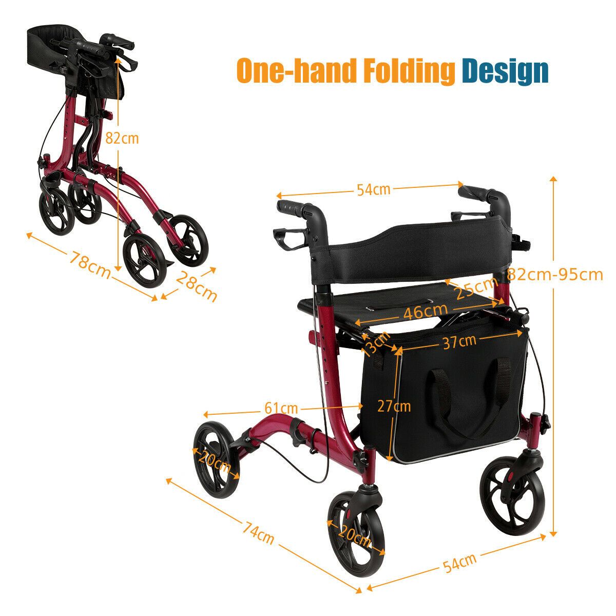 Coast Opvouwbare Aluminium Rollator Walker met 4 Wielen, Rood – 54 x 74 x 82-95 cm