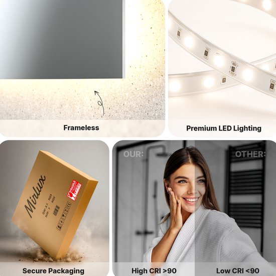 Mirlux Badkamerspiegel met LED Verlichting & Verwarming – Rechthoekige Wandspiegel – Anti Condens Douchespiegel - 60x80CM