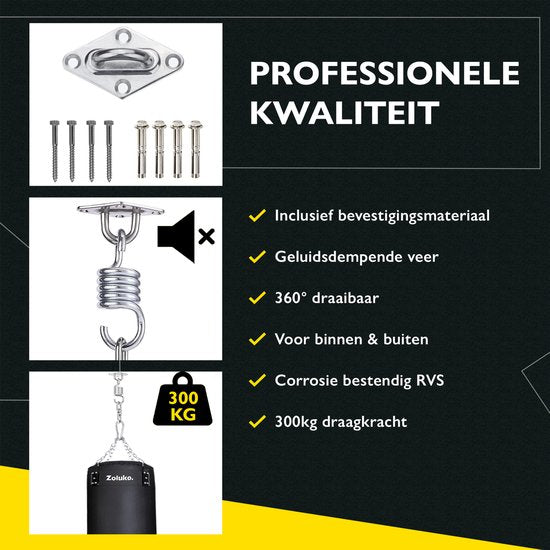 Zoluko RVS Ophangsysteem - 300 KG Draagkracht - 360° vrij draaibaar - Geluiddempende Veer - Bokszak Ophangsysteem - Plafondbeugel - Plafondhaak - Ophanghaak - Schroefhaak - Chroom