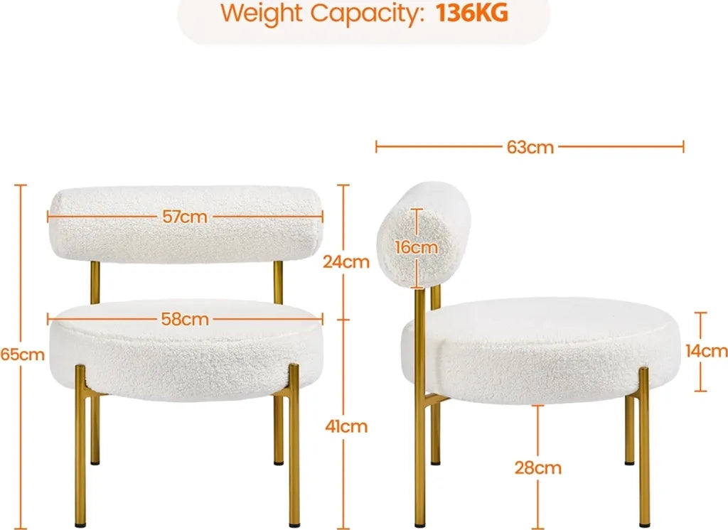 Yaheetech Loungestoel 63 × 58 × 65 cm – Wit Bouclé – Moderne Relaxstoel met Ronde Zitting en Metalen Poten