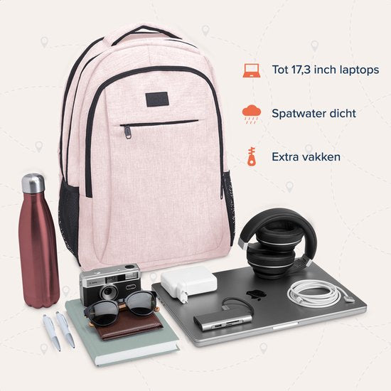 TRVLMORE Rugtas - 36L - 17,3 Inch - Laptop Rugzak met USB - Schooltas - Heren en Dames - Tas -Levenslange - Roze