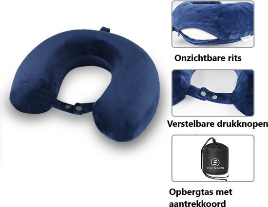 EverNeeds - Nekkussen - U Vorm - Memory Foam - Donker Blauw - 7x30x11 cm