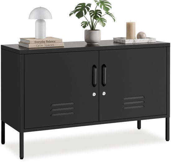 tectake® Stalen Dressoir - TV Meubel - 100 x 42,5 x 65 cm - Commode - Verstelbare Planken - 2 Deuren met Magneetsluiting - Lowboard - Metalen Kast - Zwart