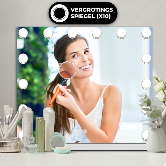 Bayt Hollywood Spiegel met verlichting - Make Up Spiegel met Verlichting - Spiegel Met Verlichting - Dimbaar - 10x Vergroting - 50x40cm - Wit