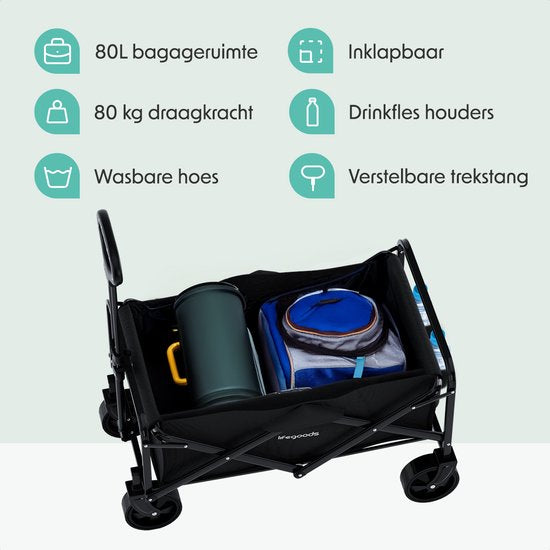 LifeGoods Bolderkar – Inklapbaar  – 80 liter – max. 80 kg – 75 x 49 x 70 cm – Zwart
