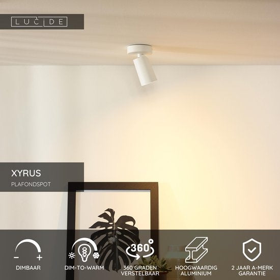 Lucide XYRUS - Plafondspot (Plafondlamp) - Ø 9 cm - LED Dim to warm - GU10 - 1x5W 2200K/3000K - Wit